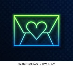 Glowing neon line Envelope with Valentine heart icon isolated on blue background. Message love. Letter love and romance.  Vector