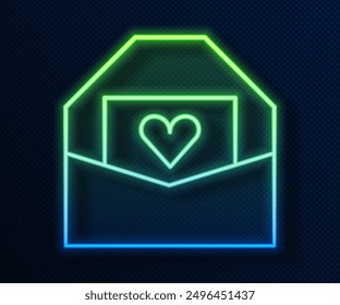 Glowing neon line Envelope with Valentine heart icon isolated on blue background. Message love. Letter love and romance.  Vector