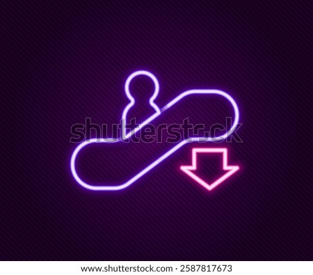 Glowing neon line Escalator down icon isolated on black background. Colorful outline concept. Vector