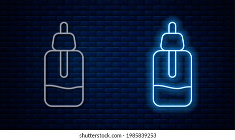 Glowing neon line Essential oil bottle icon isolated on brick wall background. Organic aromatherapy essence. Skin care serum glass drop package.  Vector