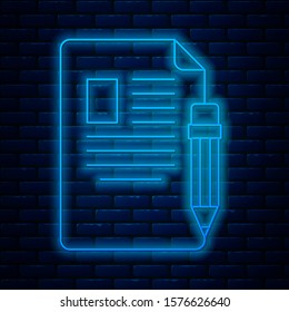 Glowing neon line Exam sheet and pencil with eraser icon isolated on brick wall background. Test paper, exam, or survey concept. School test or exam.  Vector Illustration