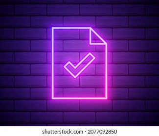Línea de neón brillante Hoja de examen con icono de marca de verificación aislado en el fondo de pared de ladrillo. Prueba, examen o concepto de encuesta. Prueba o examen escolar. Ilustración vectorial.