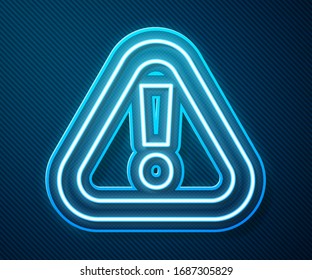 Glowing neon line Exclamation mark in triangle icon isolated on blue background. Hazard warning sign, careful, attention, danger warning important.  Vector Illustration