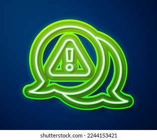 Glowing neon line Exclamation mark in triangle icon isolated on blue background. Hazard warning sign, careful, attention, danger warning sign.  Vector