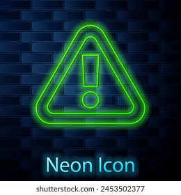 Glowing neon line Exclamation mark in triangle icon isolated on brick wall background. Hazard warning sign, careful, attention, danger warning sign.  Vector