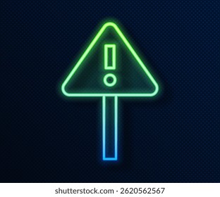 Línea de neón brillante Marca de exclamación en icono de triángulo aislado sobre fondo azul. Señal de advertencia de peligro, cuidado, atención, señal de advertencia de peligro.  Ilustración vectorial