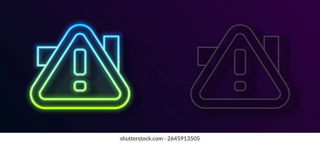 Glowing neon line Exclamation mark in triangle icon isolated on black background. Hazard warning sign, careful, attention, danger warning important.  Vector