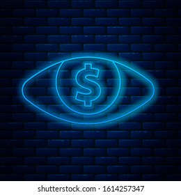 Glowing neon line Eye with dollar icon isolated on brick wall background.  Vector Illustration