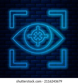 Glowing neon line Eye scan icon isolated on brick wall background. Scanning eye. Security check symbol. Cyber eye sign.  Vector
