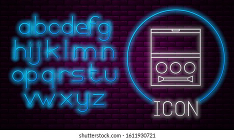 Glowing neon line Eye shadow palette with brush icon isolated on brick wall background. Neon light alphabet. Vector Illustration