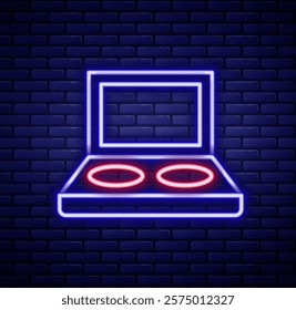 Glowing neon line Eye shadow palette with brush icon isolated on brick wall background. Colorful outline concept. Vector