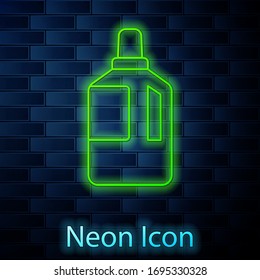 Glowing neon line Fabric softener icon isolated on brick wall background. Liquid laundry detergent, conditioner, cleaning agent, bleach. Vector Illustration