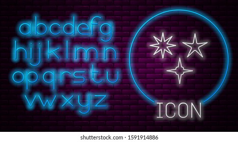 Glowing neon line Falling star icon isolated on brick wall background. Meteoroid, meteorite, comet, asteroid, star icon. Neon light alphabet. Vector Illustration