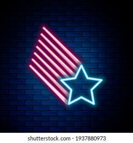 Glowing neon line Falling star icon isolated on brick wall background. Shooting star with star trail. Meteoroid, meteorite, comet, asteroid, star icon. Colorful outline concept. Vector