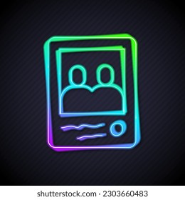 Glowing neon line Family photo icon isolated on black background.  Vector