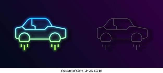 Glowing neon line Fantastic flying car icon isolated on black background. Hover car future technology future transport.  Vector