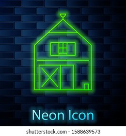 Glowing neon line Farm House concept icon isolated on brick wall background. Rustic farm landscape.  Vector Illustration