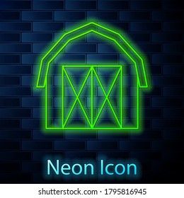 Glowing neon line Farm house icon isolated on brick wall background. Vector