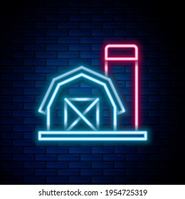 Glowing neon line Farm house icon isolated on brick wall background. Colorful outline concept. Vector