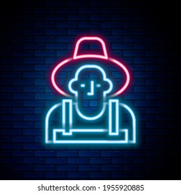 Glowing neon line Farmer in the hat icon isolated on brick wall background. Colorful outline concept. Vector
