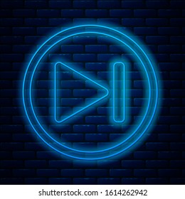 Glowing neon line Fast forward icon isolated on brick wall background.  Vector Illustration