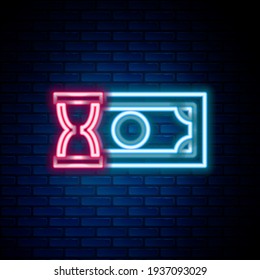 Glowing neon line Fast payments icon isolated on brick wall background. Fast money transfer payment. Financial services, fast loan, time is money, cash back concept. Colorful outline concept. Vector
