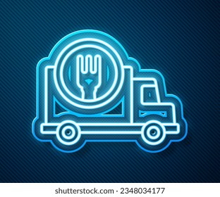 Glowing neon line Fast round the clock delivery by car icon isolated on blue background.  Vector Illustration