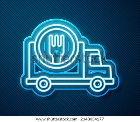 Glowing neon line Fast round the clock delivery by car icon isolated on blue background.  Vector Illustration