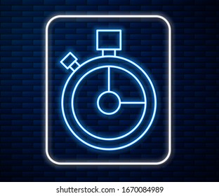 Glowing neon line Fast time delivery icon isolated on brick wall background. Timely service, stopwatch in motion, deadline concept, clock speed.  Vector Illustration