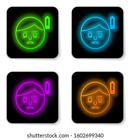 Glowing neon line Fatigue icon isolated on white background. No energy. Stress symptom. Negative space. Black square button. Vector Illustration