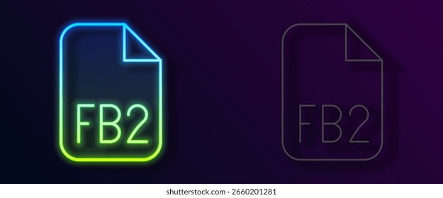 Icono brillante del archivo de la línea de neón FB2 aislado en fondo negro.  Vector