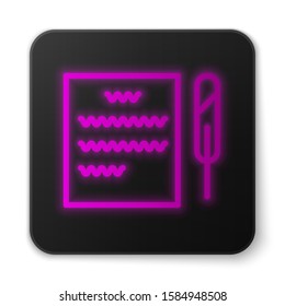 Glowing neon line Feather pen and paper scroll icon isolated on white background. Black square button. Vector Illustration