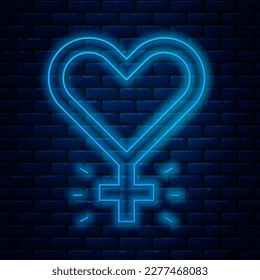 Glowing neon line Feminism icon isolated on brick wall background. Fight for freedom, independence, equality.  Vector