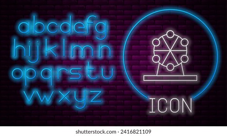 Glowing neon line Ferris wheel icon isolated on brick wall background. Amusement park. Childrens entertainment playground, recreation park. Neon light alphabet. Vector