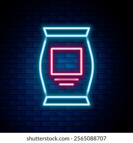 Glowing neon line Fertilizer bag icon isolated on brick wall background. Colorful outline concept. Vector