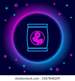 Glowing neon line Fertilizer bag icon isolated on black background. Colorful outline concept. Vector