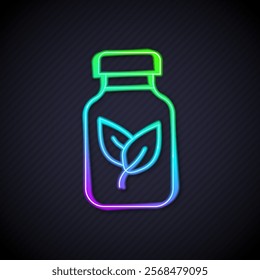 Glowing neon line Fertilizer bottle icon isolated on black background.  Vector