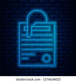 Glowing neon line File document and paper clip icon isolated on brick wall background. Checklist icon. Business concept.  Vector Illustration