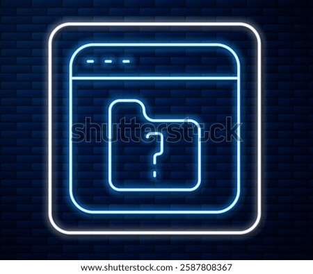 Glowing neon line File missing icon isolated on brick wall background.  Vector