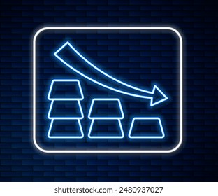 Glowing neon line Finance falling chart arrow with gold bars icon isolated on brick wall background. Financial success concept. Gold investment concept.  Vector