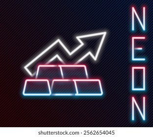 Glowing neon line Finance growth chart arrow with gold bars icon isolated on black background. Financial success concept. Gold investment concept. Colorful outline concept. Vector