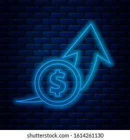 Glowing neon line Financial growth and coin icon isolated on brick wall background. Increasing revenue.  Vector Illustration