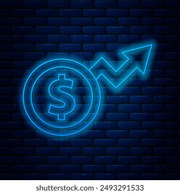 Glowing neon line Financial growth dollar coin icon isolated on brick wall background. Increasing revenue.  Vector