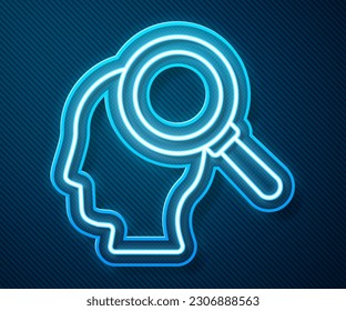 Glowing neon line Finding a problem in psychology icon isolated on blue background.  Vector