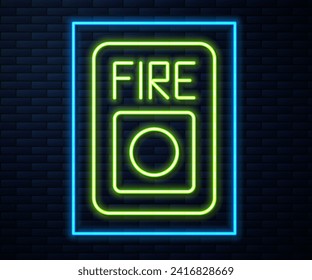 Icono del sistema de alarma contra incendios de neón brillante aislado en el fondo de la pared de ladrillo. Tire de la caja de seguridad contra incendios.  Vector