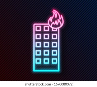 Glowing neon line Fire in burning building on city street icon isolated on black background.  Vector Illustration