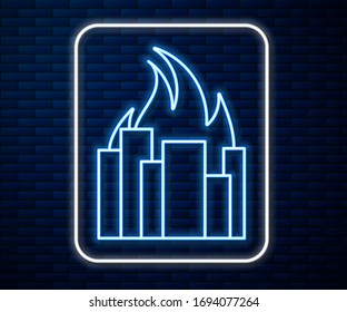Glowing neon line Fire in burning buildings on city street icon isolated on brick wall background. Destroyed city on fire.  Vector Illustration