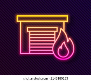 Glowing neon line Fire in burning garage icon isolated on black background.  Vector