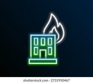 Glühende Neonlinie Feuer in brennendem Gebäude auf Stadtstraßensymbol einzeln auf schwarzem Hintergrund. Zerstörte Stadt in Flammen. Farbiges Umrisskonzept Vektorgrafik