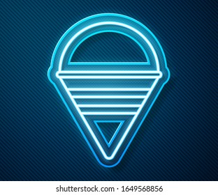 Glowing neon line Fire cone bucket icon isolated on blue background. Metal cone bucket empty or with water for fire fighting.  Vector Illustration